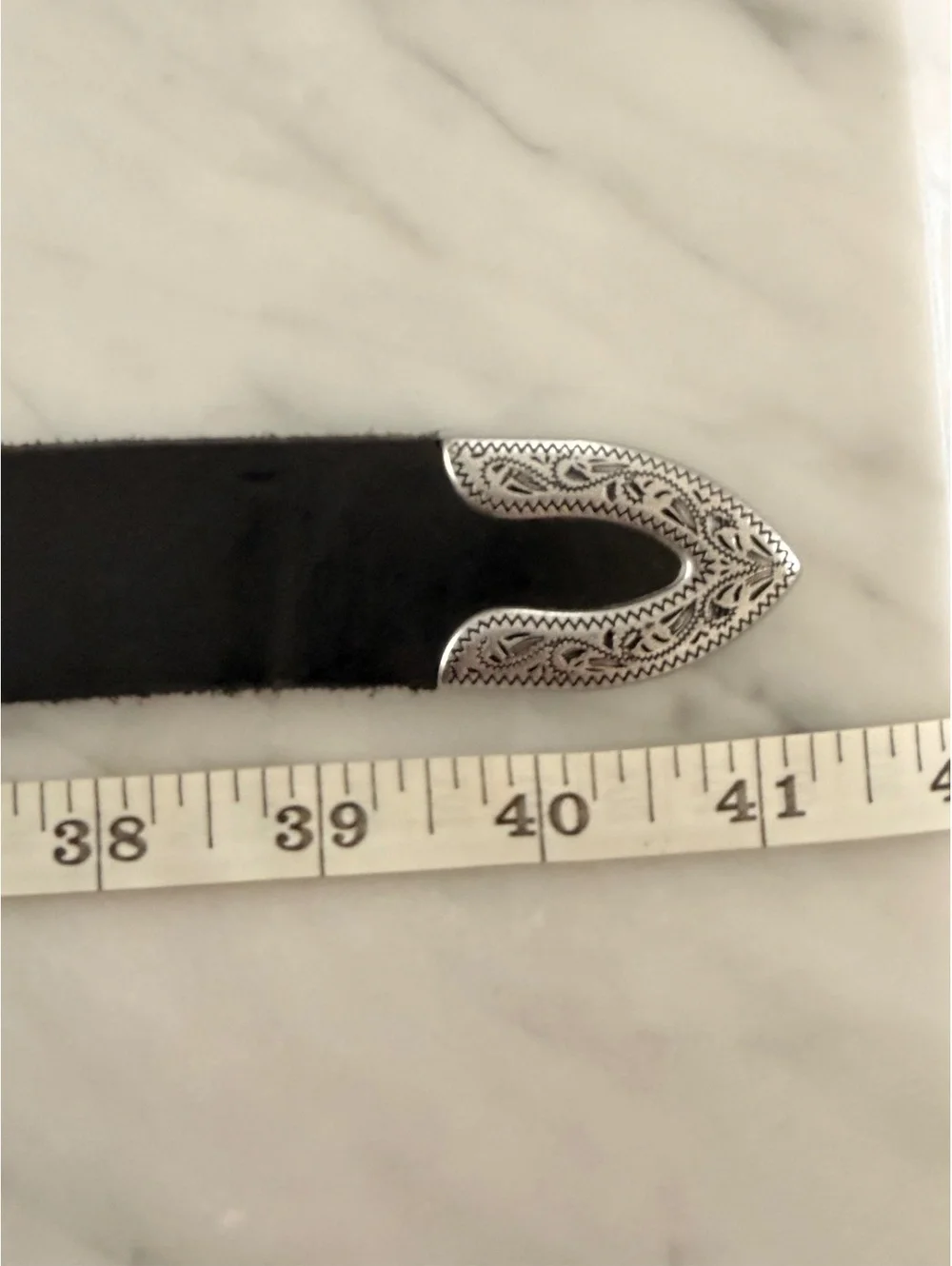 Urban Outfitters Black Leather Western Style Belt with Engraved Silver Buckle